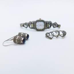 Romantic Judith Jack Marcasite Dress Watch & Fashion Heart Brooch & Onyx Drop Dangle Earrings 41.7g