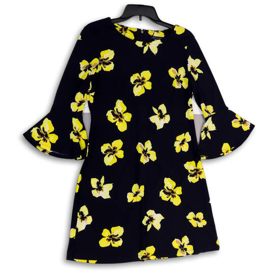 Womens Blue Yellow Floral Bell Sleeve Knee Length Shift Dress Size 8 image number 1