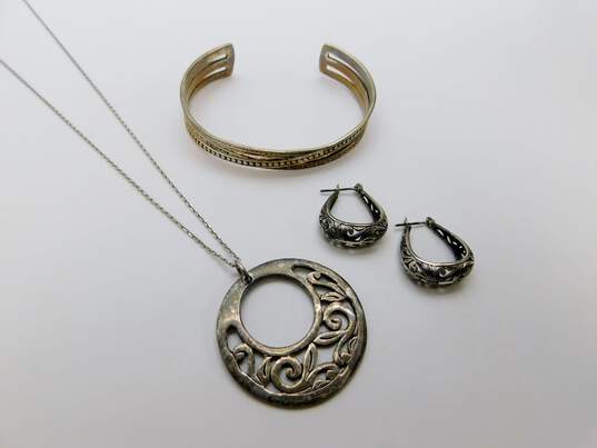 Jezlaine & Romantic 925 Open Scrolled Pendant Necklace Oblong Hoop Earrings & Dotted Textured Cuff Bracelet 32g image number 1
