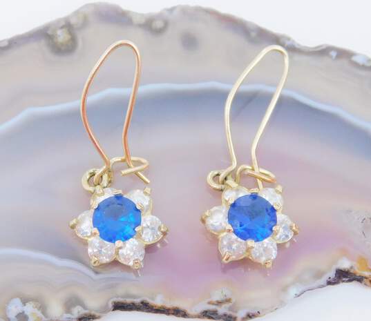 Romantic 10K Yellow Gold Blue Spinel & CZ Flower Drop Earrings 2.4g image number 3