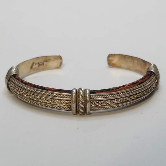 Mexico 925 Sterling Silver Leather Braided Design 6inch Cuff Bracelet 33.4g image number 1