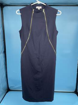 Womens Blue Double Zip Sleeveless Mock Neck Sheah Dress Sz 4 T-0552191-J