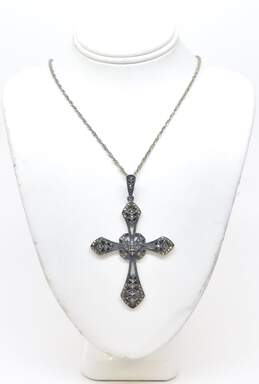 Judith Jack 925 Marcasite Amber Color Glass Cross Necklace & Earrings 24.6g alternative image