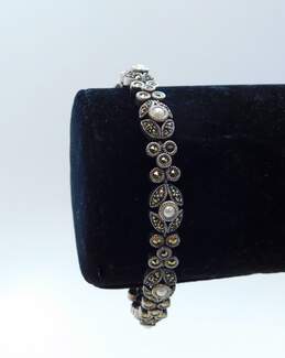 Romantic Judith Jack 925 Sterling Silver Marcasite Huggie Demi Hoop Earrings Bar Brooch & Faux Pearl Bracelet 33.5g alternative image