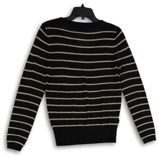 NWT Womens Black Gold Striped Knitted V-Neck Pullover Sweater Size S image number 2