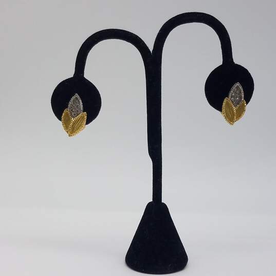 18k Two Tone Gold Diamond Flower Design Omega Back Earrings 7.6g image number 7
