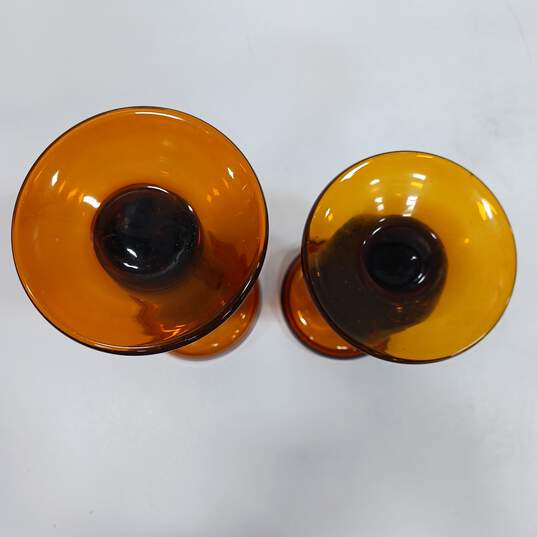 2 Vintage Tortoise & Amber Hand Blown Pillar Candle Holders image number 3