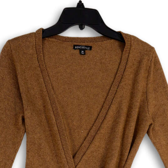 Womens Brown Tight-Knit Long Sleeve Tie Waist Wrap Sweater Size XS image number 3