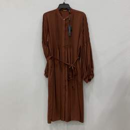 NWT Elie Tahari Womens Brown Long Sleeve Button Front Midi A-Line Dress Size L