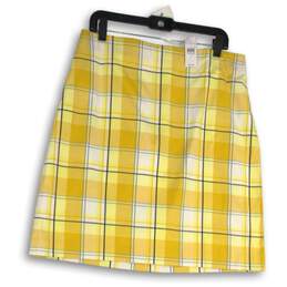 NWT Womens Yellow Plaid Flat Front Back Zip Short Mini Skirt Size 12
