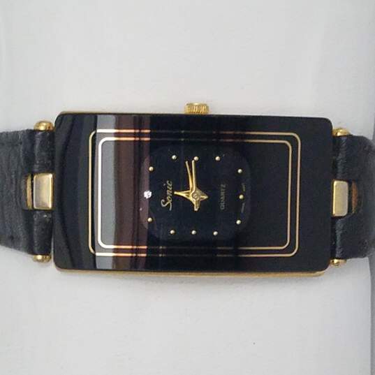 Sonic Black & Gold Tone Geometric Curved Case Vintage Quartz Watch image number 1