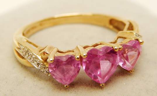10K Yellow Gold Pink Sapphire Triple Heart Ring 2.1g image number 3