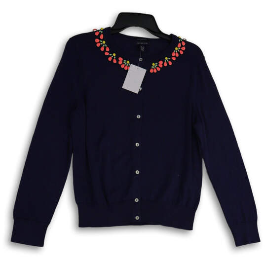 NWT Womens Navy Blue Beaded Button Front Cardigan Sweater Size M/P 10-12 image number 1