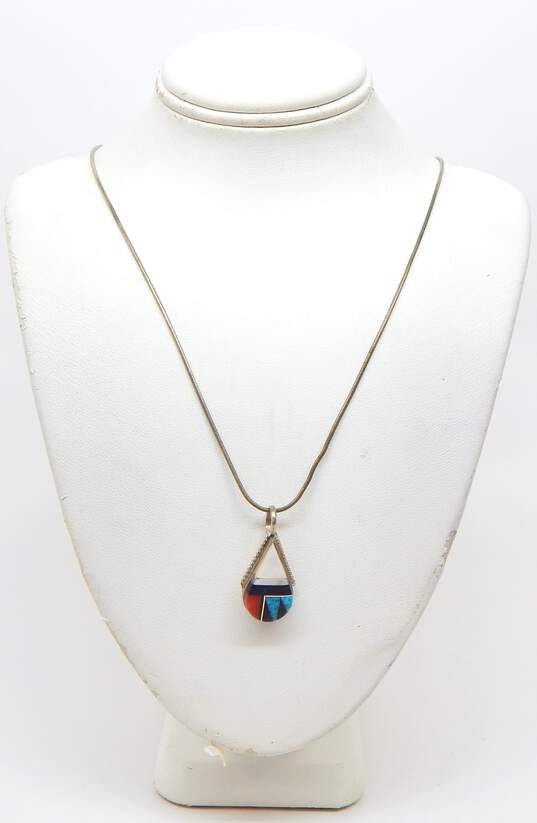 Cleo Kallestewa Zuni 925 Turquoise Spiny Oyster Shell & Onyx Pendant Necklace image number 1
