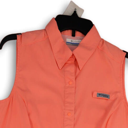 Womens Orange Pointed Collar Sleeveless Comfort Vented Button-Up Shirt Sz M image number 3