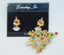 Vintage Eisenberg Ice Gold Tone Rhinestone Christmas Tree Brooch & Clip On Earrings 18.1g