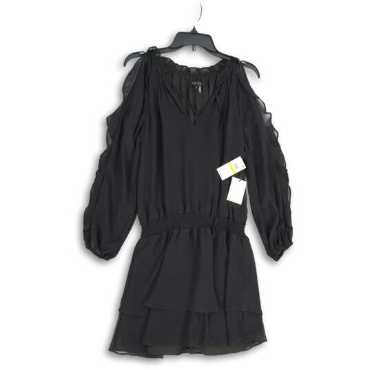 NWT 1. State Womens Black Ruffled Cold Shoulder Sleeve Short Mini Dress Size S image number 1