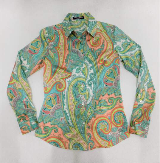 DOLCE & GABBANA Women's Turquoise & Coral Multicolor Paisley Print Long Sleeve Silk Twill Shirt Size 42EU with COA image number 6