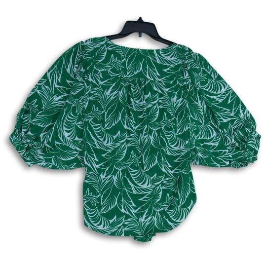 Chico's Womens Green White Floral V-Neck Balloon Sleeve Tie Waist Blouse Top 0 image number 2