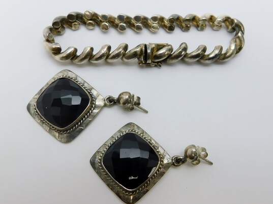 Artisan 925 Faceted Black Glass Etched Square Drop Post Earrings & Chunky San Marco Chain Bracelet 33.1g image number 1