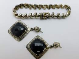 Artisan 925 Faceted Black Glass Etched Square Drop Post Earrings & Chunky San Marco Chain Bracelet 33.1g