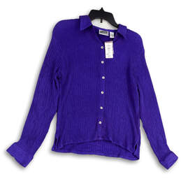 NWT Womens Purple Long Sleeve Collared Pucker Button-Up Shirt Top Size 1