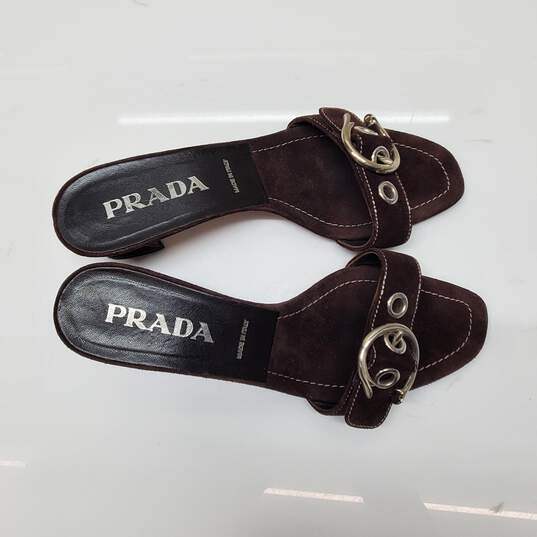 Prada Brown Suede Buckle Open Toe Mules Size 38 AUTHENTICATED image number 4