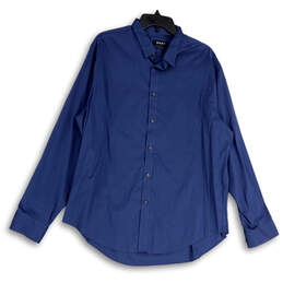 Mens Blue Regular Fit Long Sleeve Spread Collar Button-Up Shirt Sz 17-17.5