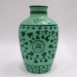 Vintage Asian Chinese Taiwan Ornate Floral Vine Pattern Green Pottery Vase Decor