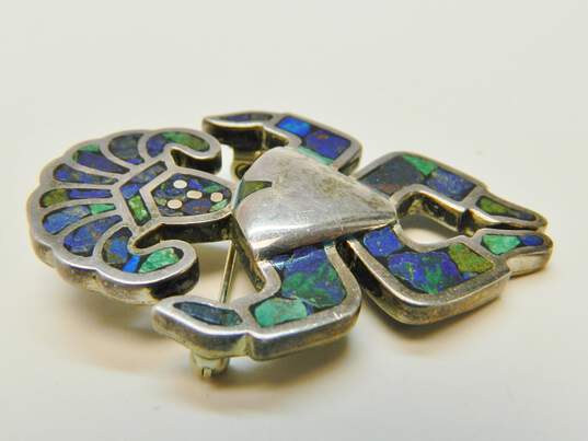 Taxco 950 Silver Inlay Azurite Aztec Figure Brooch 16.9g image number 3