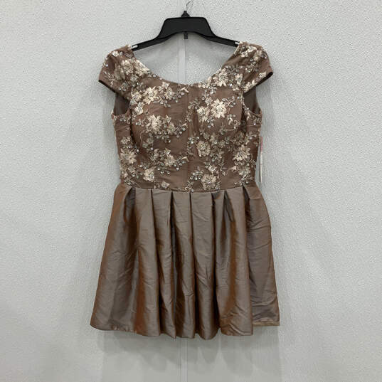NWT Womens Brown Sequin Pleated V Back Fit & Flare Dress Size Medium image number 1