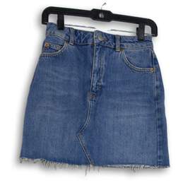 Topshop Womens Blue Denim Medium Wash Raw Hem Mini Skirt Size 2