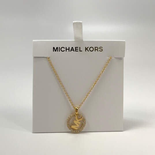 Designer Michael Kors Gold-Tone Crystal MK Logo Pendant Link Chain Necklace image number 2