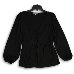 Womens Black Balloon Sleeve V-Neck Pullover Peplum Blouse Top Size Large