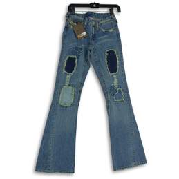 NWT True Religion Womens Blue Patch Work 5-Pocket Design Flared Leg Jeans Sz 25