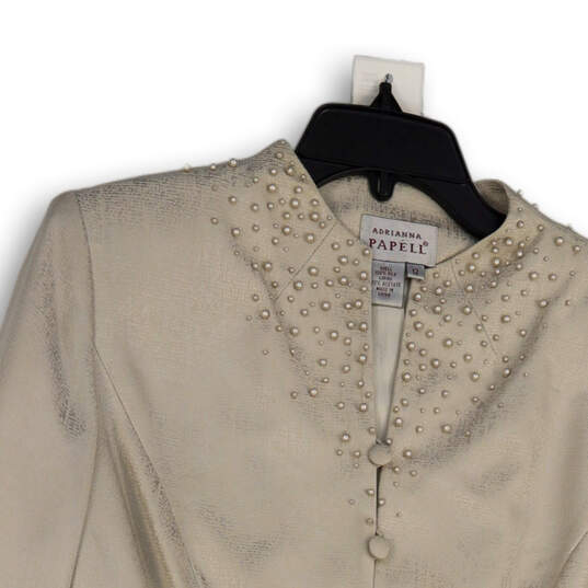 Womens Ivory Long Sleeve Collarless Beaded Single breasted Blazer Size 12 image number 4