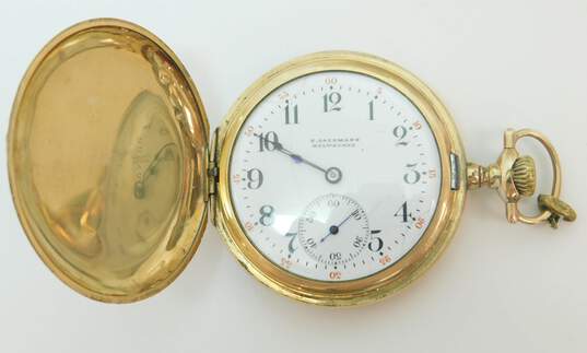 Antique Gold Filled E Bachmann Milwaukee 15 Jewels Etched Hunting Case Pocket Watch 70.9g image number 4