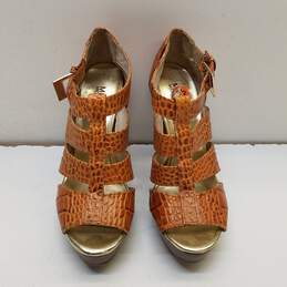 Michael Kors Camden Brown Croc Embossed Leather Ankle Strap Sandal Pump Heels Shoes Size 5.5 M