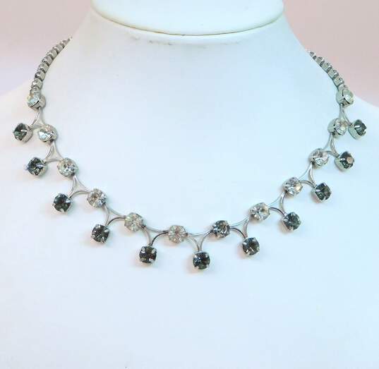 Vintage Icy & Smoky Rhinestone Silver Tone Necklaces & Clip On Earrings & Faux Pearl Leaf Rhinestone Brooch 62.3g image number 8