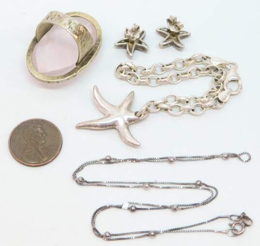 Sterling Silver Starfish Chain Bracelet & Earrings Hammered Faceted Rose Quartz Ring & Ball Beaded Station Necklace 29.8g image number 10