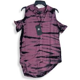 NWT Rock & Republic Womens Purple Black Tie Dye Collared Button-Up Shirt Size M