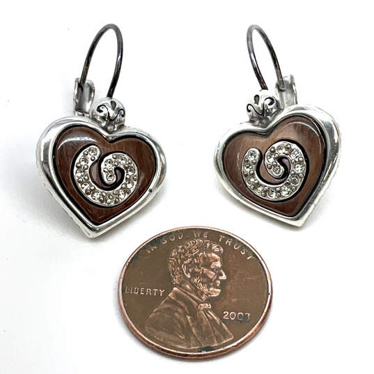 Designer Brighton Silver-Tone Rhinestone Brown Heart Shape Drop Earrings image number 2