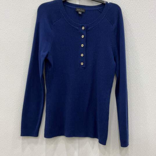 Womens Blue Long Sleeve Round Neck Henley Sweater Size XL image number 1