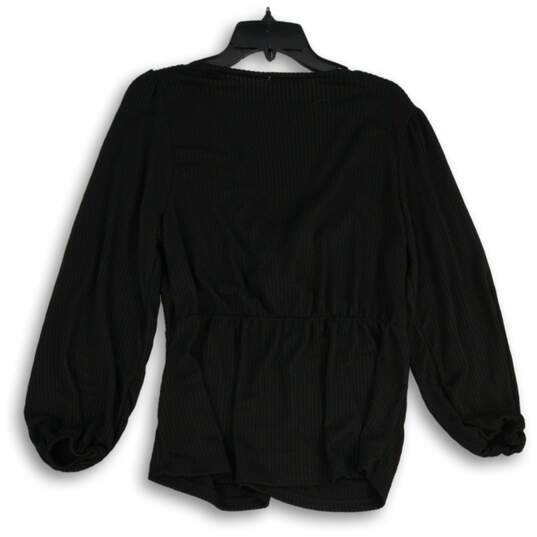 Womens Black Balloon Sleeve V-Neck Pullover Peplum Blouse Top Size Large image number 2
