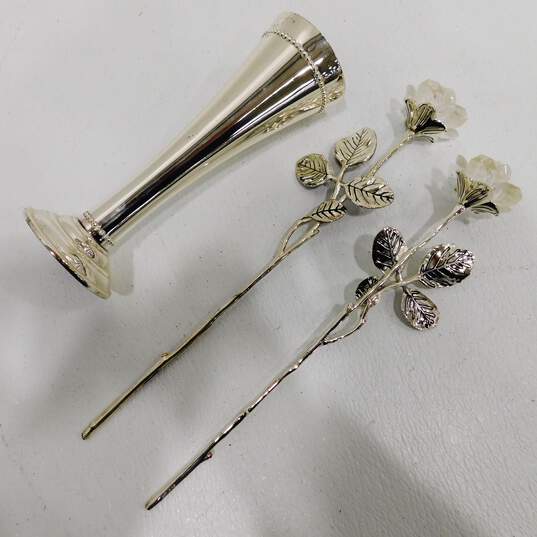 Pair of Godinger Crystal Petal Silverplate Roses w/ Trumpet Vase image number 2