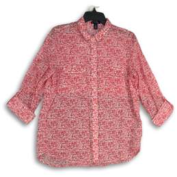 Gap Womens Pink Floral Long Roll Tab Sleeve Spread Collar Button-Up Shirt Size S