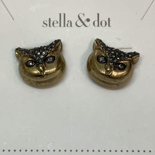 Designer Stella & Dot Gold-Tone Rhinestone Owl Fashionable Stud Earrings image number 3