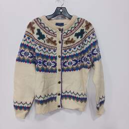 Woolrich Women's #9660 Cream Multicolor Fair Isle 100% Wool Cardigan Size M