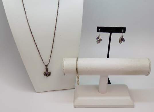 Romantic 925 Sterling Silver Pearl & Beaded Drop Earrings Amethyst Garnet & Peridot Pendant Necklace & Cut Out Bracelet 23.4g image number 1