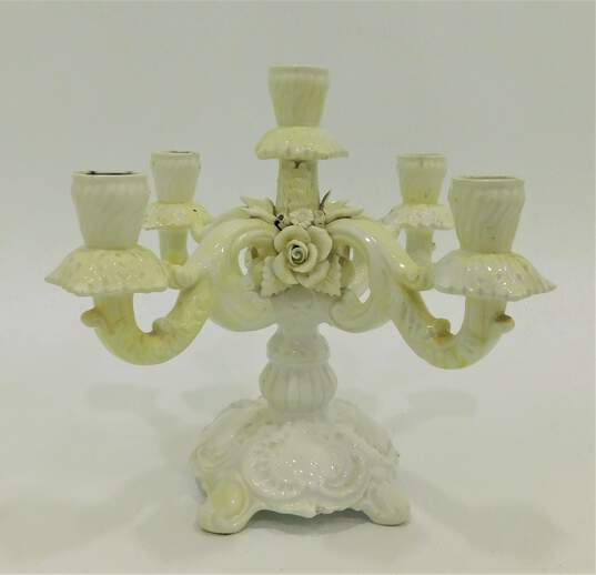 4 Arm Candelabra Italian Ceramic Capodimonte Style Floral Hand Painted White image number 1